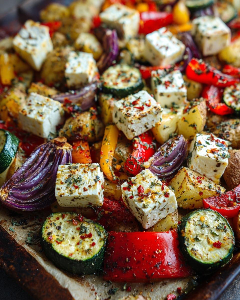 Close-up of Feta Kartoffeln Ofengemüse, showing feta, potatoes, zucchini, peppers, and red onion.