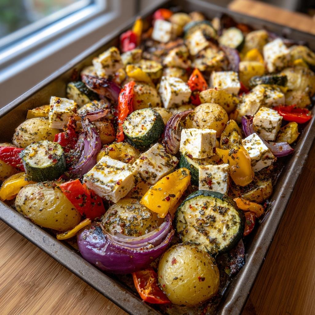 A baking sheet filled with Feta Kartoffeln Ofengemüse, featuring potatoes, feta, zucchini, peppers, and red onion.