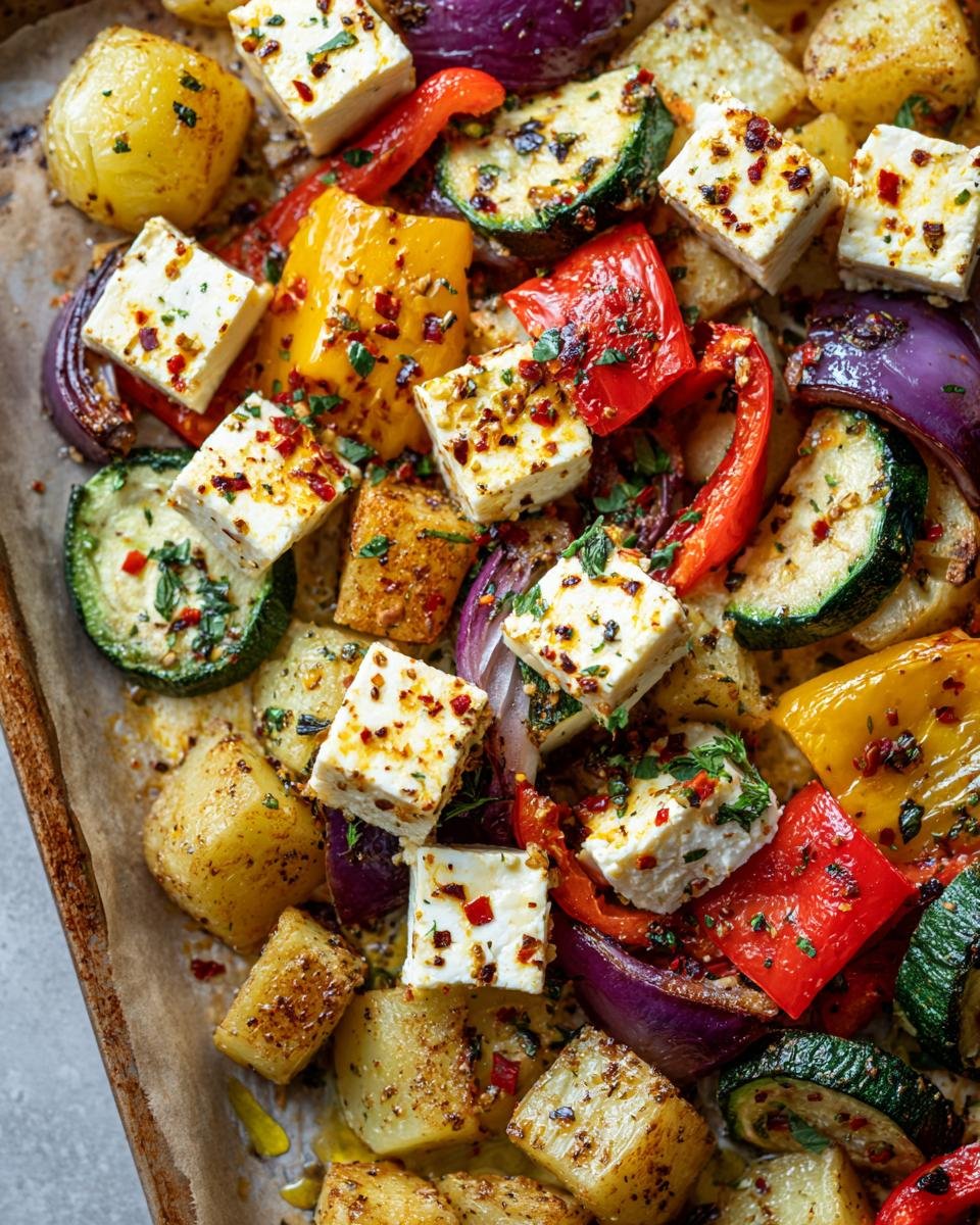Close-up of Feta Kartoffeln Ofengemüse, showing potatoes, feta, zucchini, peppers, and red onion.