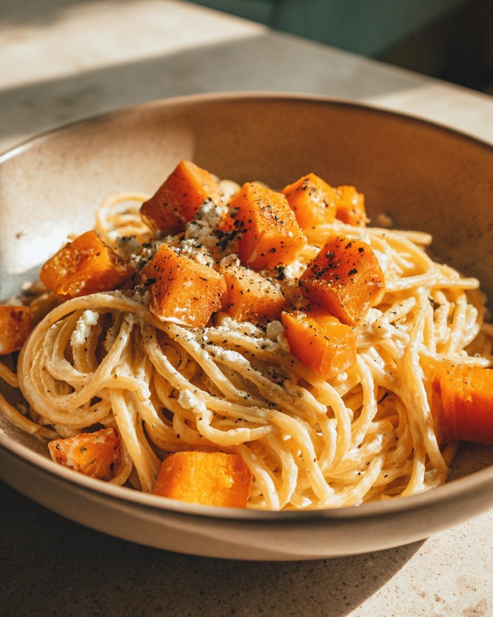 Bowl of Feta-Pasta mit Hokkaido-Kürbis, featuring pasta, feta cheese, and roasted hokkaido pumpkin.