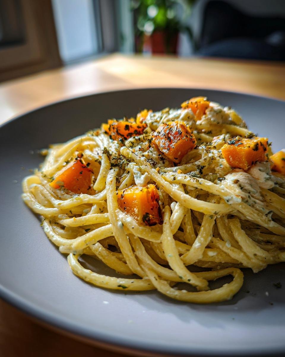A plate of delicious Feta-Pasta mit Hokkaido-Kürbis, featuring pasta, feta cheese, and roasted Hokkaido pumpkin.