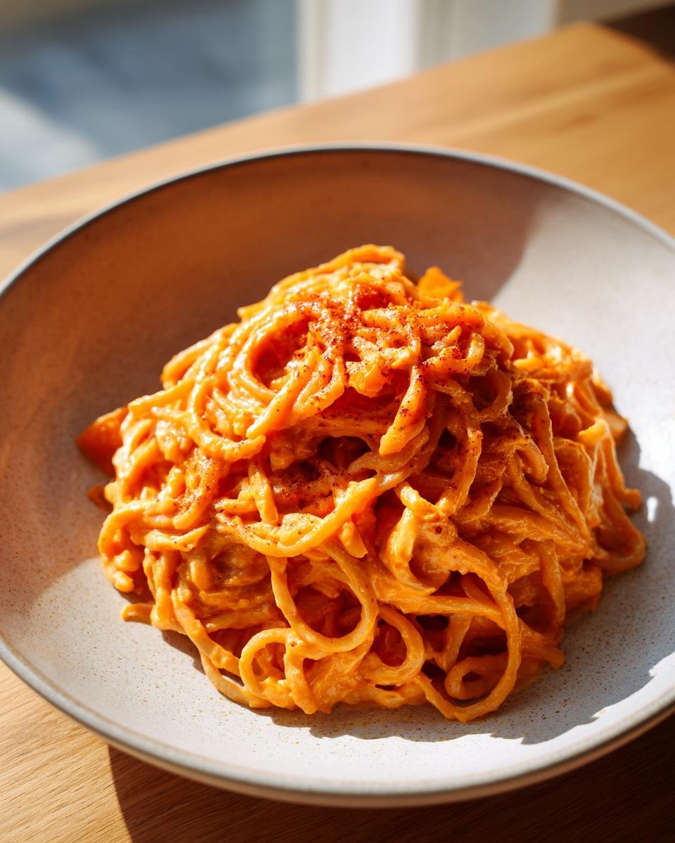 Nahaufnahme von Feta-Pasta mit Hokkaido-Kürbis in einer Schale, serviert auf einem Holztisch.