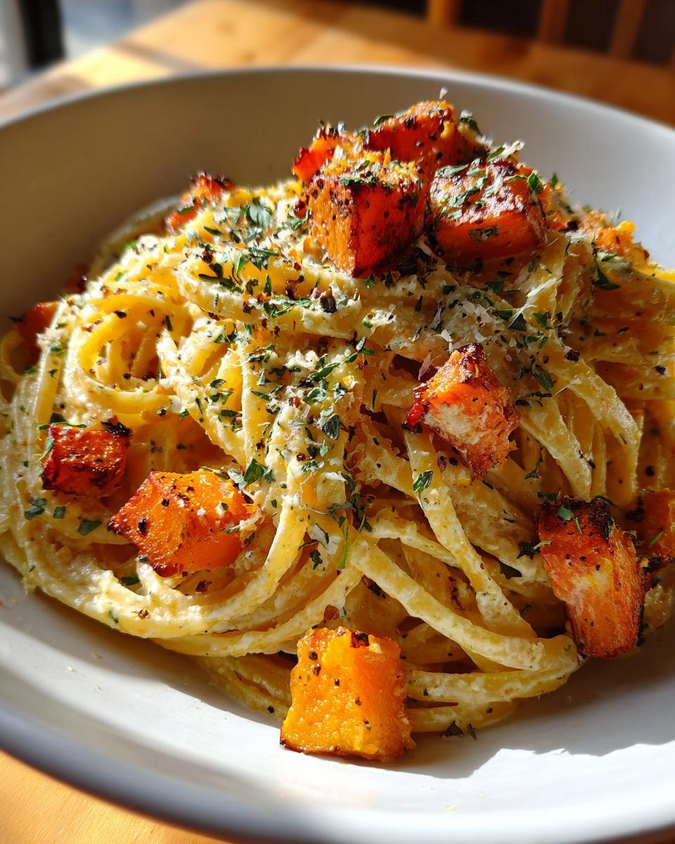 Close-up of Feta-Pasta mit Hokkaido-Kürbis, showing pasta, feta sauce, roasted pumpkin, and herbs.