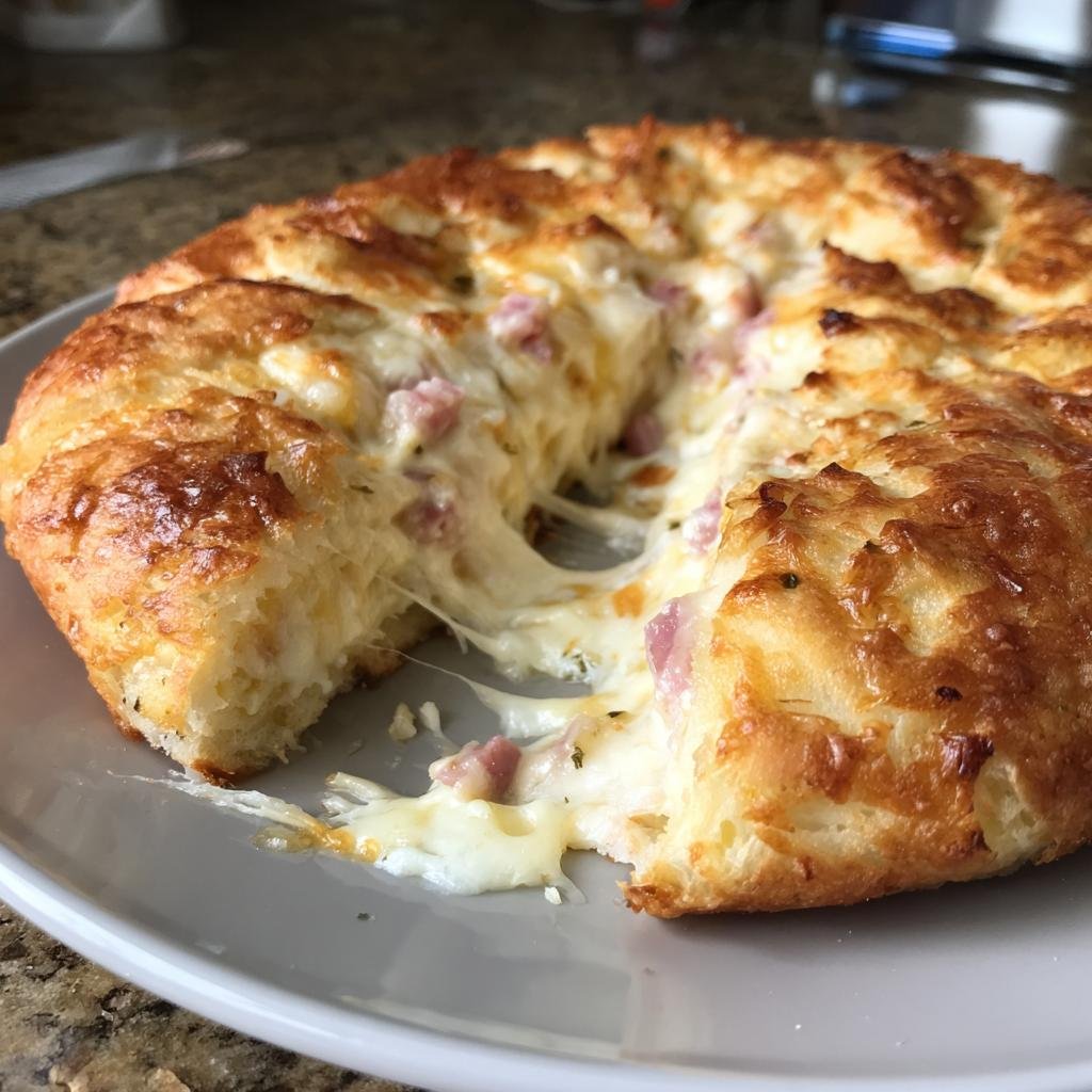 Delicious Gefülltes Pfannenbrot mit nur 4 Zutaten, filled with cheese and ham.