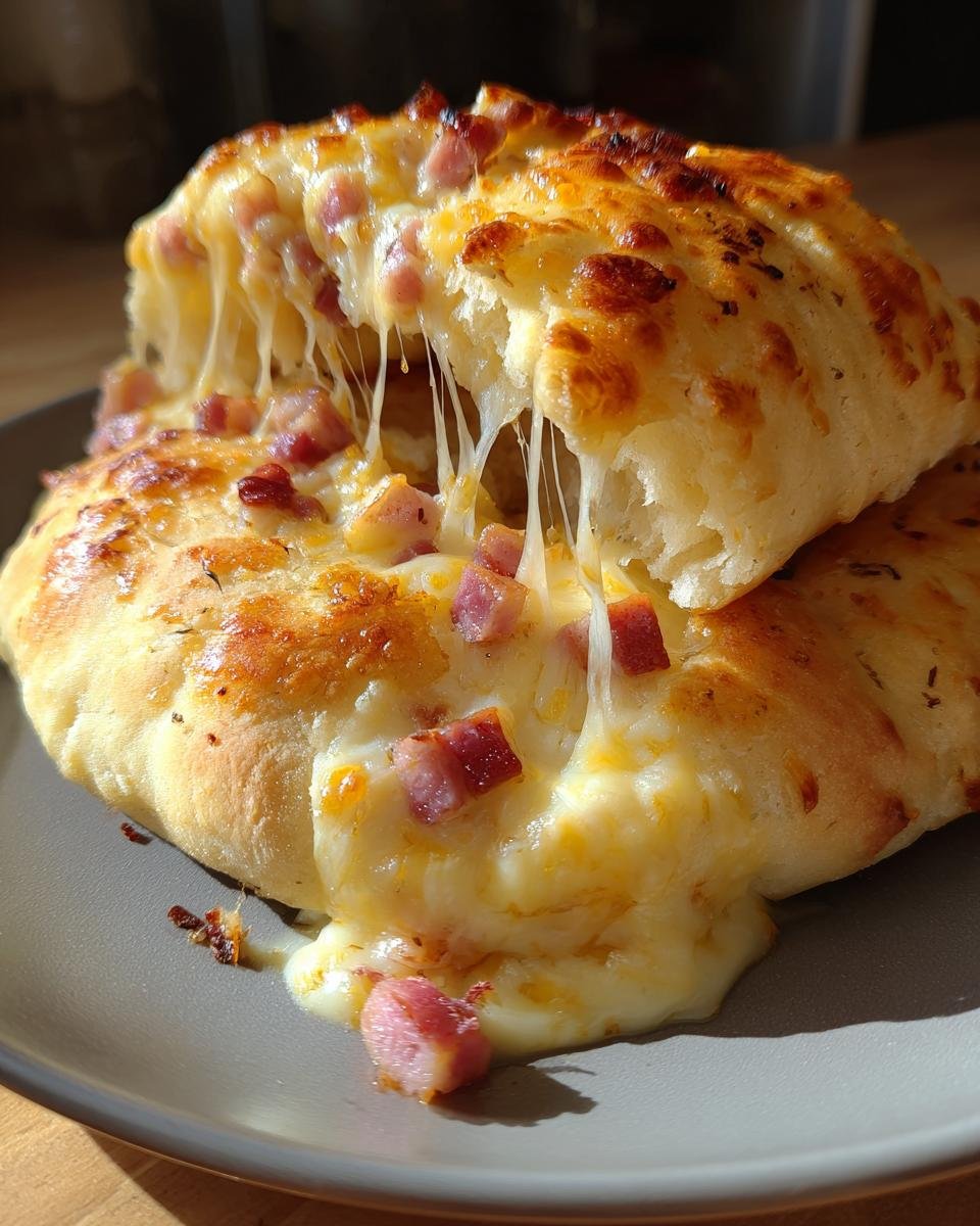 Close-up of Gefülltes Pfannenbrot mit nur 4 Zutaten, showing cheese and ham filling oozing out.