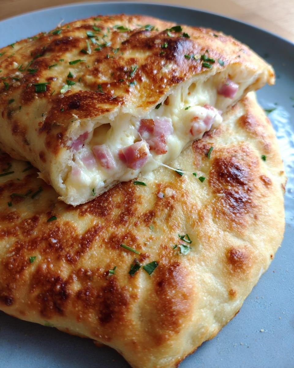Close-up of Gefülltes Pfannenbrot mit nur 4 Zutaten, filled with ham and cheese, garnished with herbs.