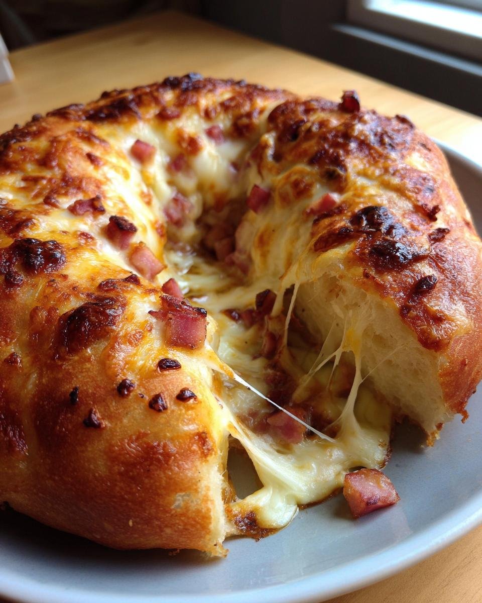Close-up of Gefülltes Pfannenbrot, a filled pan bread, oozing with melted cheese and ham.