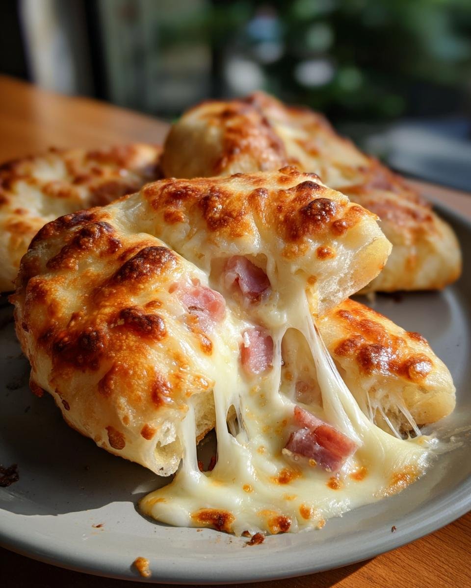 Nahaufnahme von Gefülltes Pfannenbrot mit geschmolzenem Käse und Schinken.