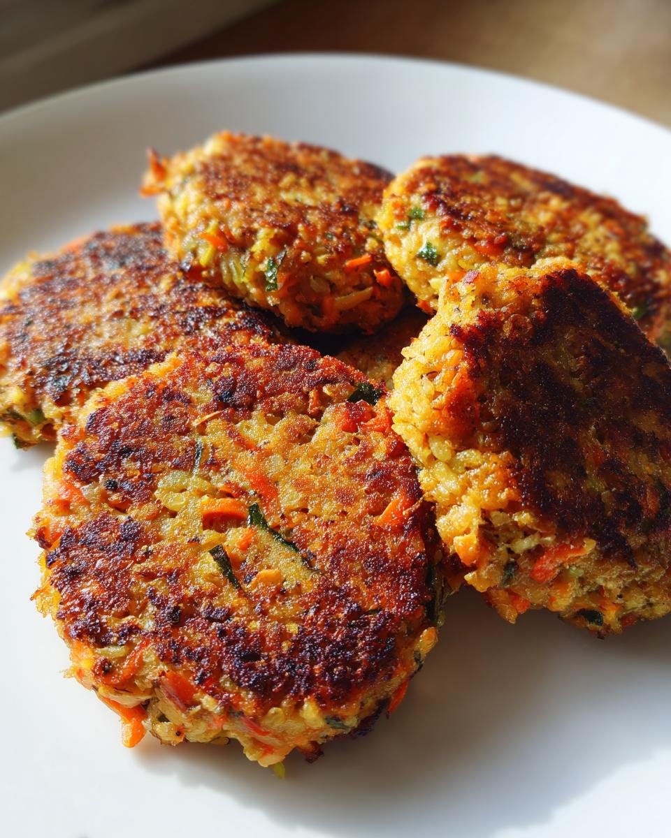A plate of freshly made Gemüsefrikadellen, showcasing their golden-brown crust and visible vegetable pieces.