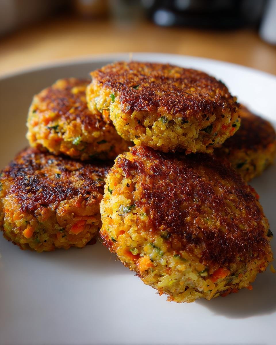 A stack of golden-brown Gemüsefrikadellen (vegetable patties) on a white plate, ready to eat.