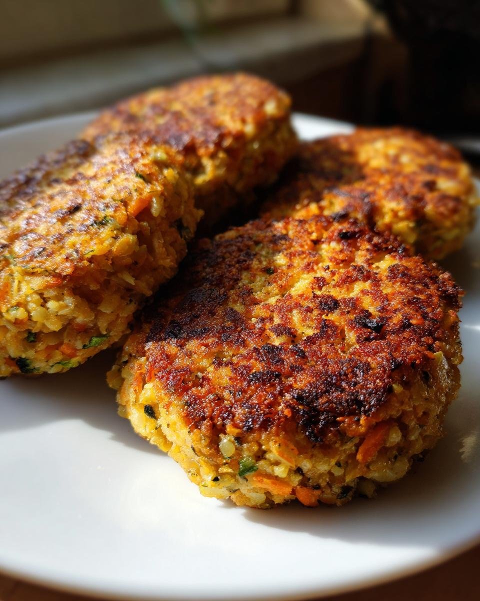Three golden-brown Gemüsefrikadellen (vegetable patties) are arranged on a white plate, showcasing their texture.