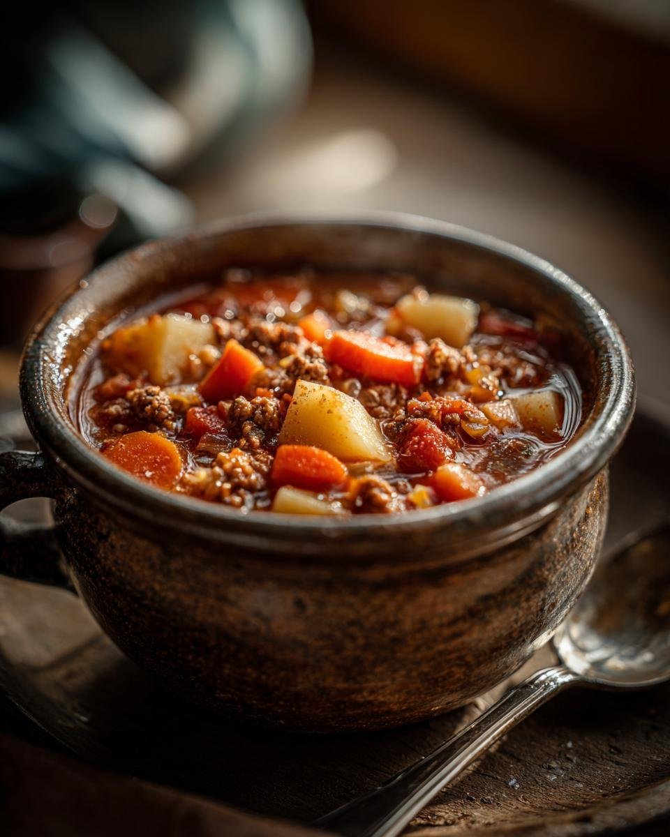 Close-up of German Bauerntopf stew in a rustic bowl with potatoes, carrots, and ground meat.