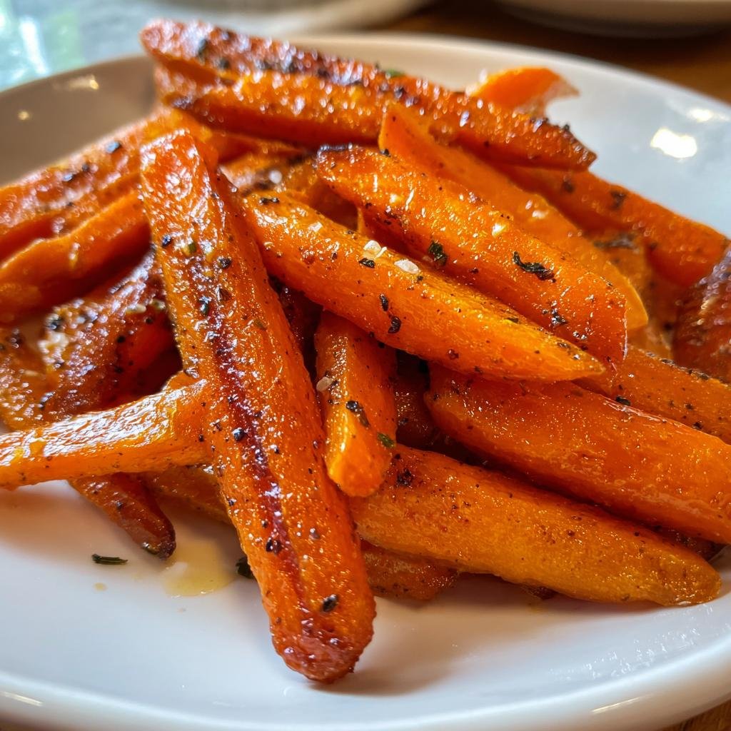 Nahaufnahme von gerösteten Karotten aus dem Airfryer, gewürzt und serviert auf einem Teller.