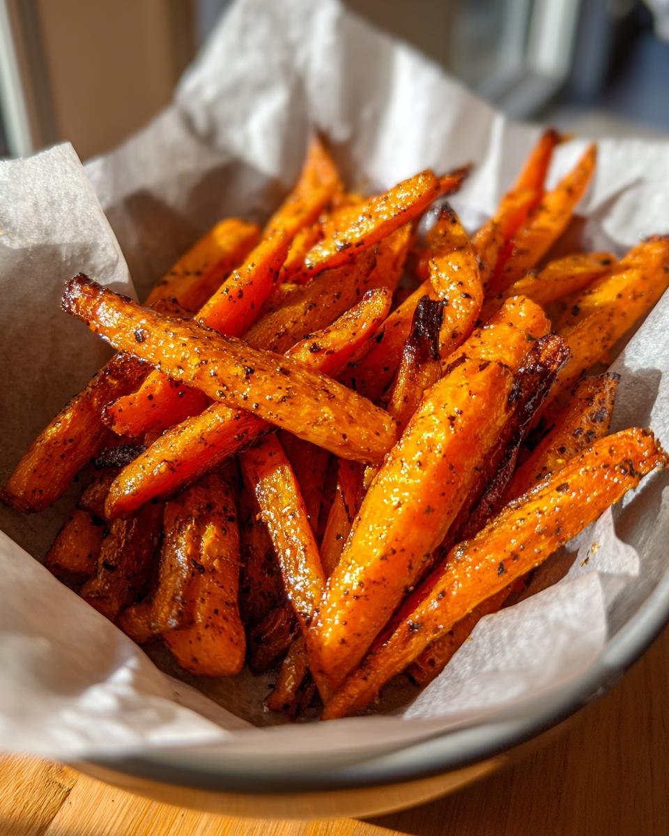 Nahaufnahme von Geröstete Karotten aus dem Airfryer, serviert in einer Schale mit Papier.