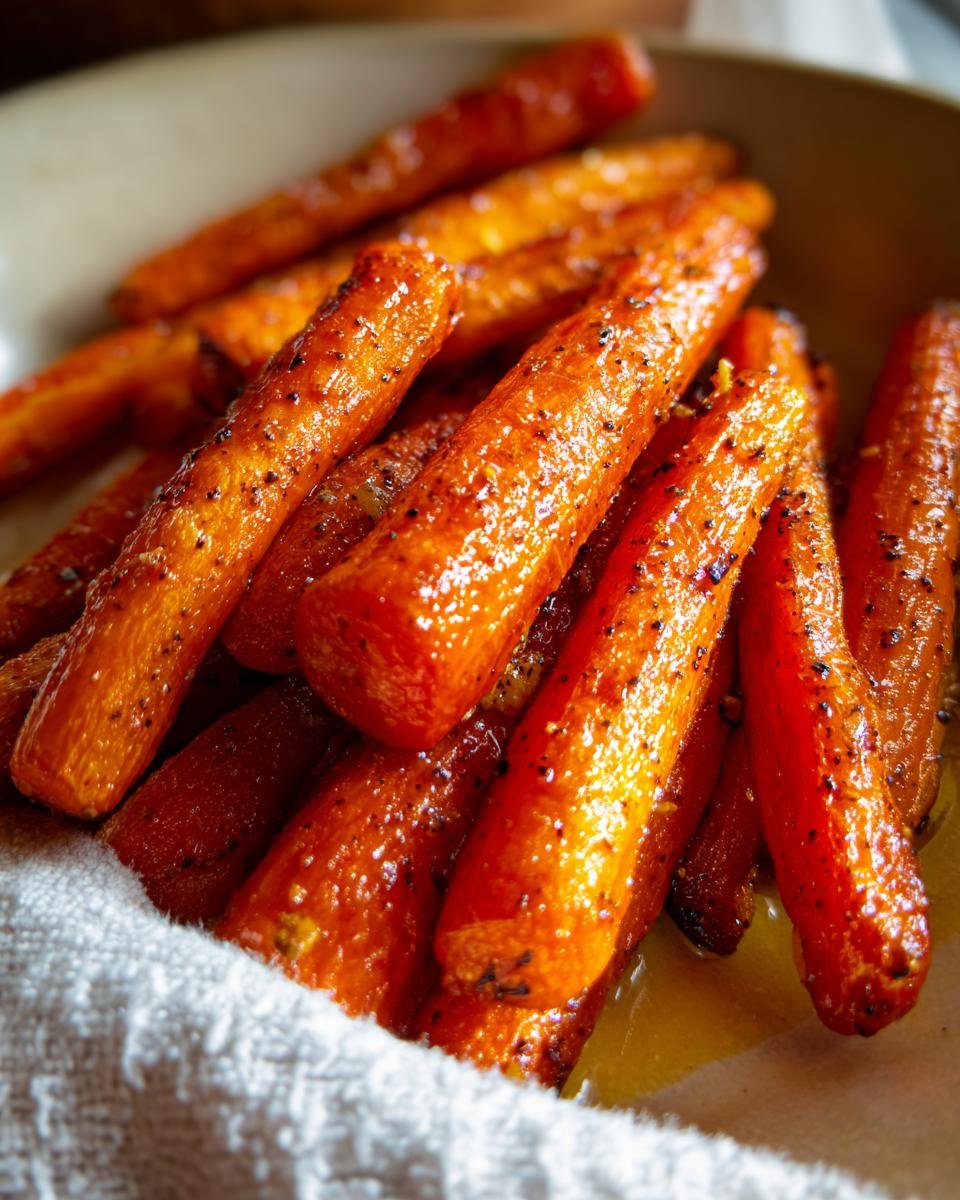Close-up of Geröstete Karotten aus dem Airfryer, seasoned and arranged in a bowl.