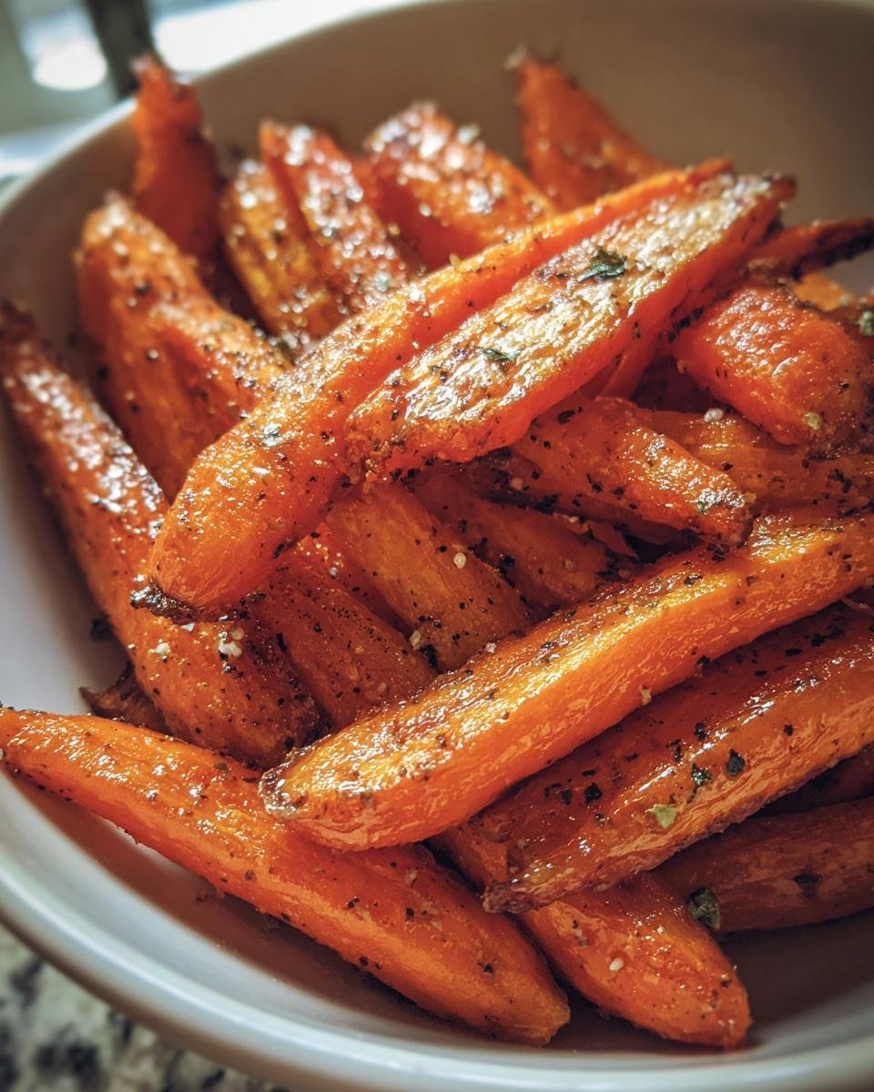Nahaufnahme von geröstete Karotten aus dem Airfryer, serviert in einer Schüssel, gewürzt und glänzend.