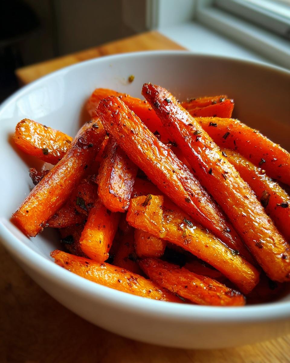 Nahaufnahme von Geröstete Karotten aus dem Airfryer in einer weißen Schüssel, gewürzt mit Kräutern.