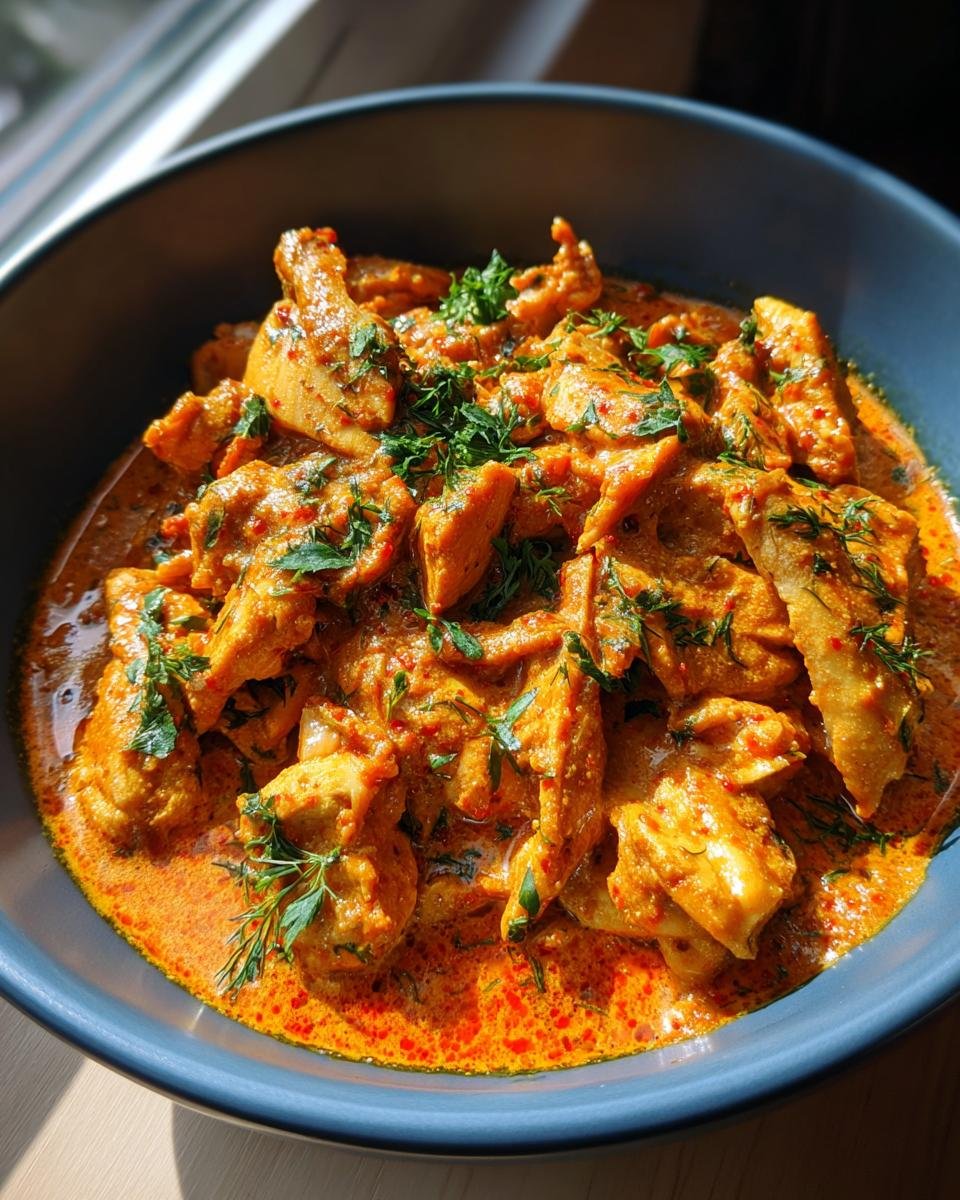 Bowl of Geschnetzeltes in cremiger Currysauce, garnished with fresh herbs.