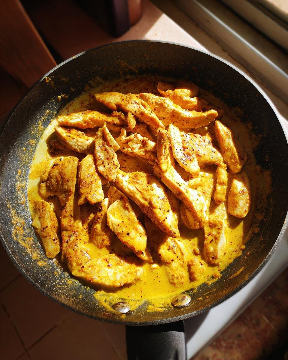 Overhead shot of Geschnetzeltes in cremiger Currysauce simmering in a pan, ready to serve.