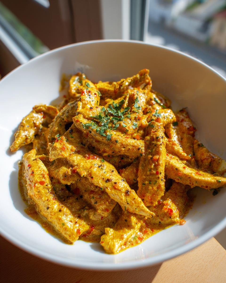 Close-up of Geschnetzeltes in cremiger Currysauce served in a white bowl, garnished with fresh herbs.