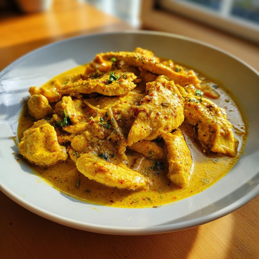 Delicious Geschnetzeltes in cremiger Currysauce served on a plate, garnished with fresh herbs.
