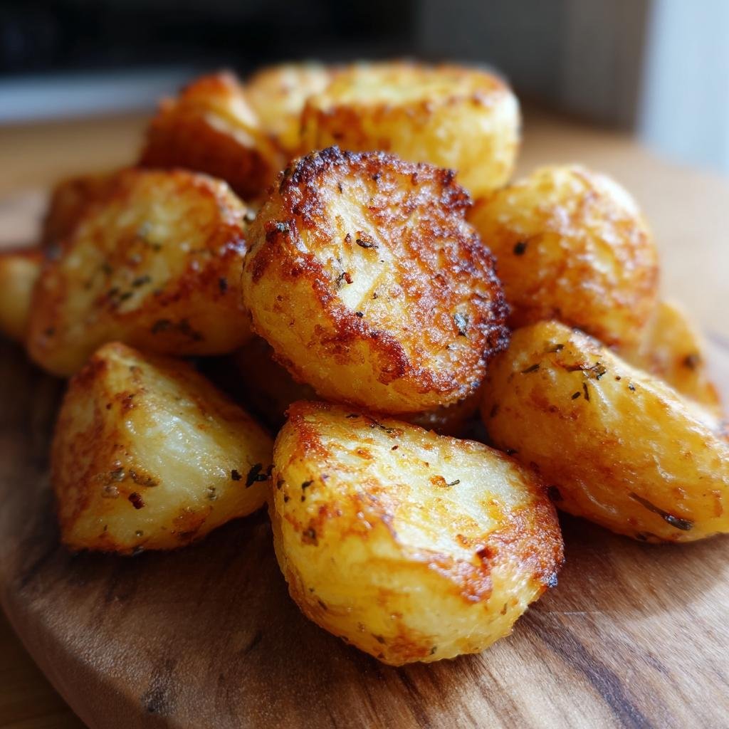 Nahaufnahme von knusprigen Gesunde Bratkartoffeln aus der Heißluftfritteuse auf einem Holzbrett.