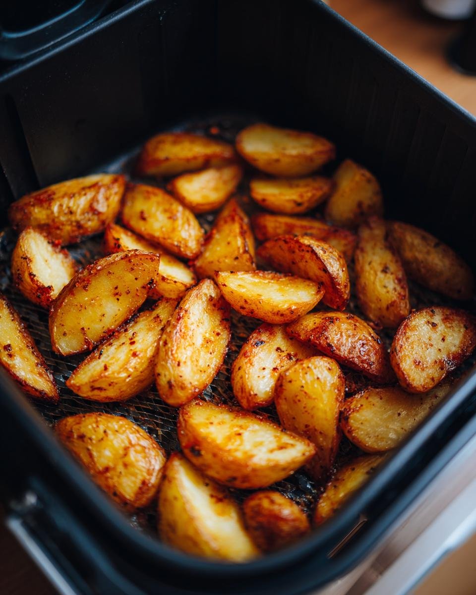 Close-up of Gesunde Bratkartoffeln aus der Heißluftfritteuse in the air fryer basket, golden brown and crispy.