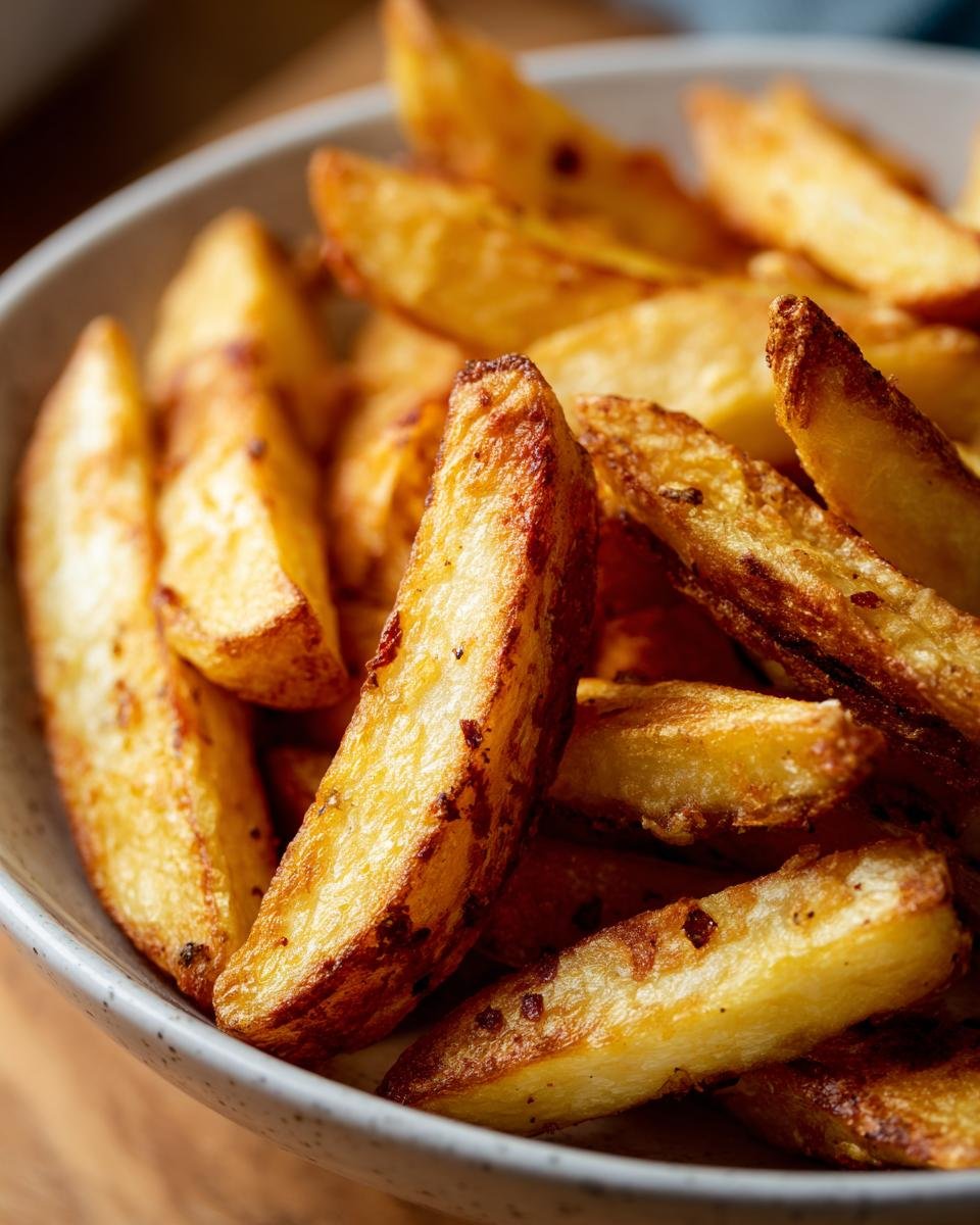 Nahaufnahme von knusprigen, goldenen Gesunde Bratkartoffeln aus der Heißluftfritteuse in einer Schüssel.