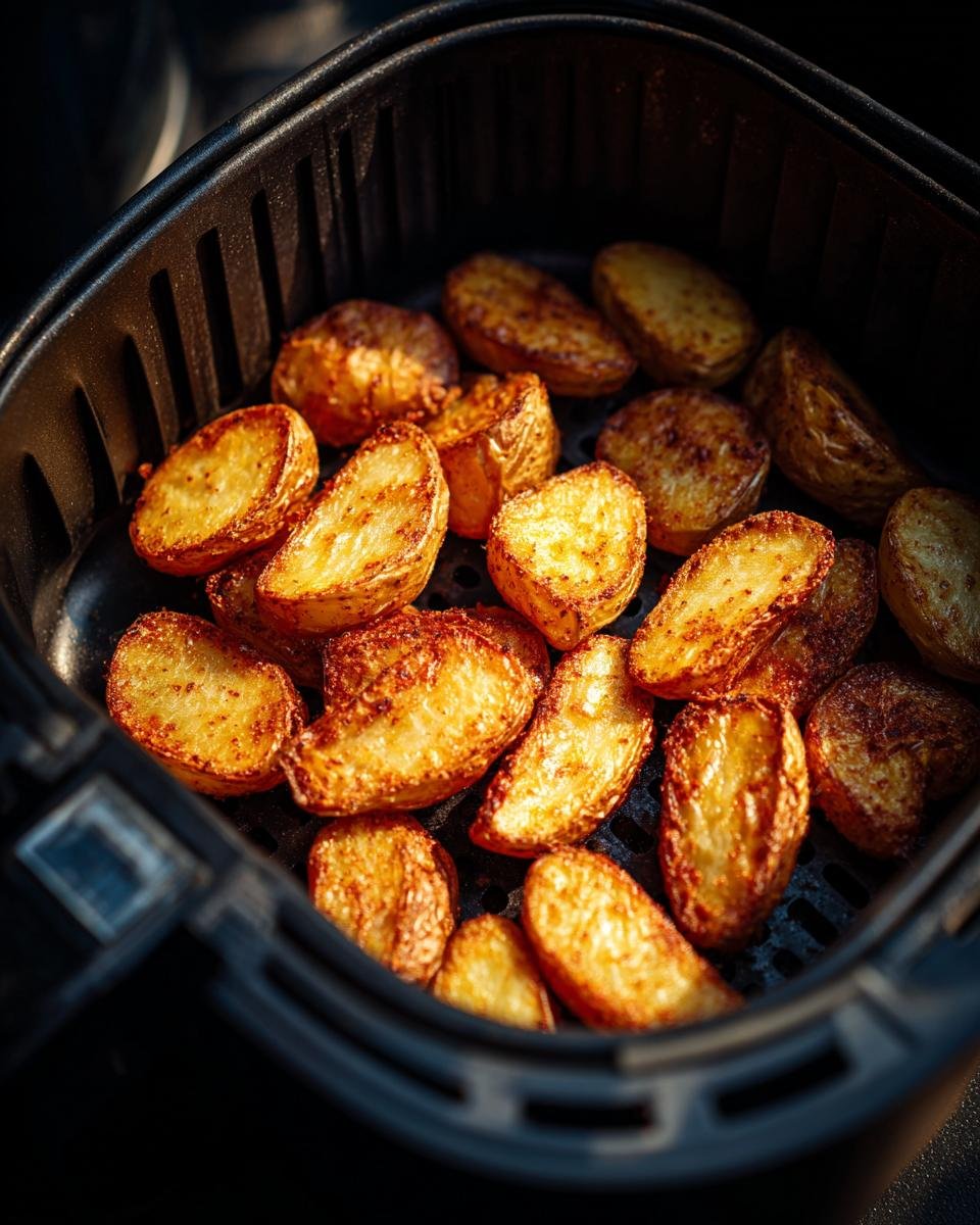 Gesunde Bratkartoffeln aus der Heißluftfritteuse, goldbraun und knusprig im Korb der Fritteuse.