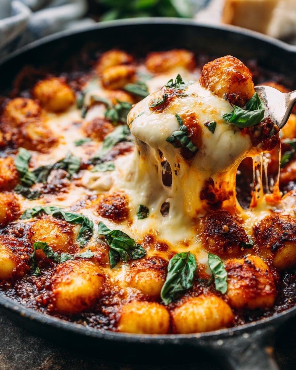 Close-up of Gnocchi Pfanne mit Tomate, Mozzarella in a pan, topped with basil.