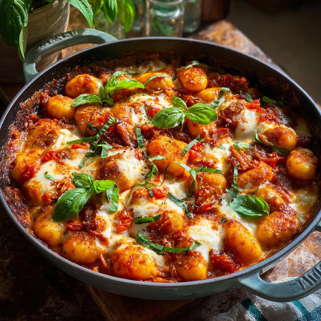 Delicious Gnocchi Pfanne mit Tomate, Mozzarella und Basilikum in a pan, garnished with fresh basil.