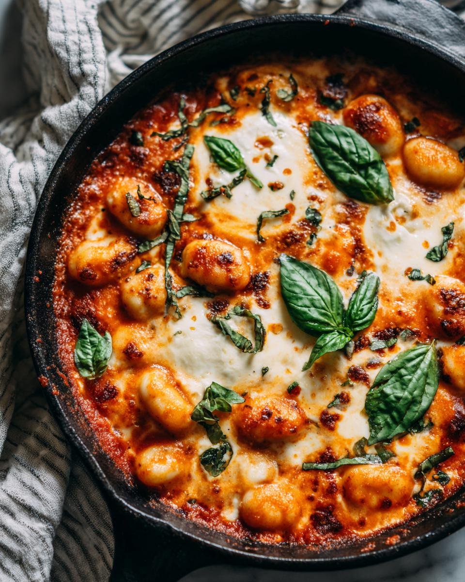 Gnocchi Pfanne mit Tomate, Mozzarella und Basilikum in einer gusseisernen Pfanne, garniert mit frischem Basilikum.