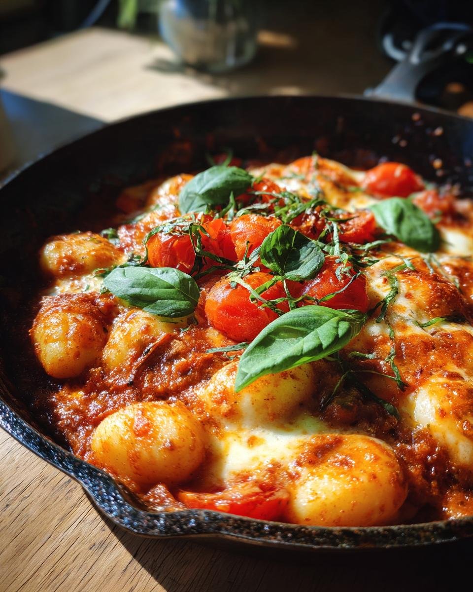 Close-up of Gnocchi Pfanne mit Tomate, Mozzarella und Basilikum in a skillet, garnished with fresh basil.