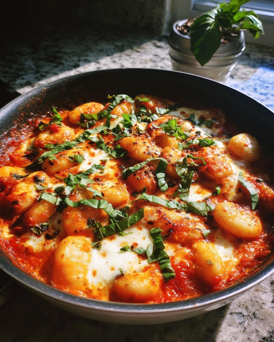 Close-up of Gnocchi Pfanne mit Tomate, Mozzarella und Basilikum in a pan, garnished with fresh basil.