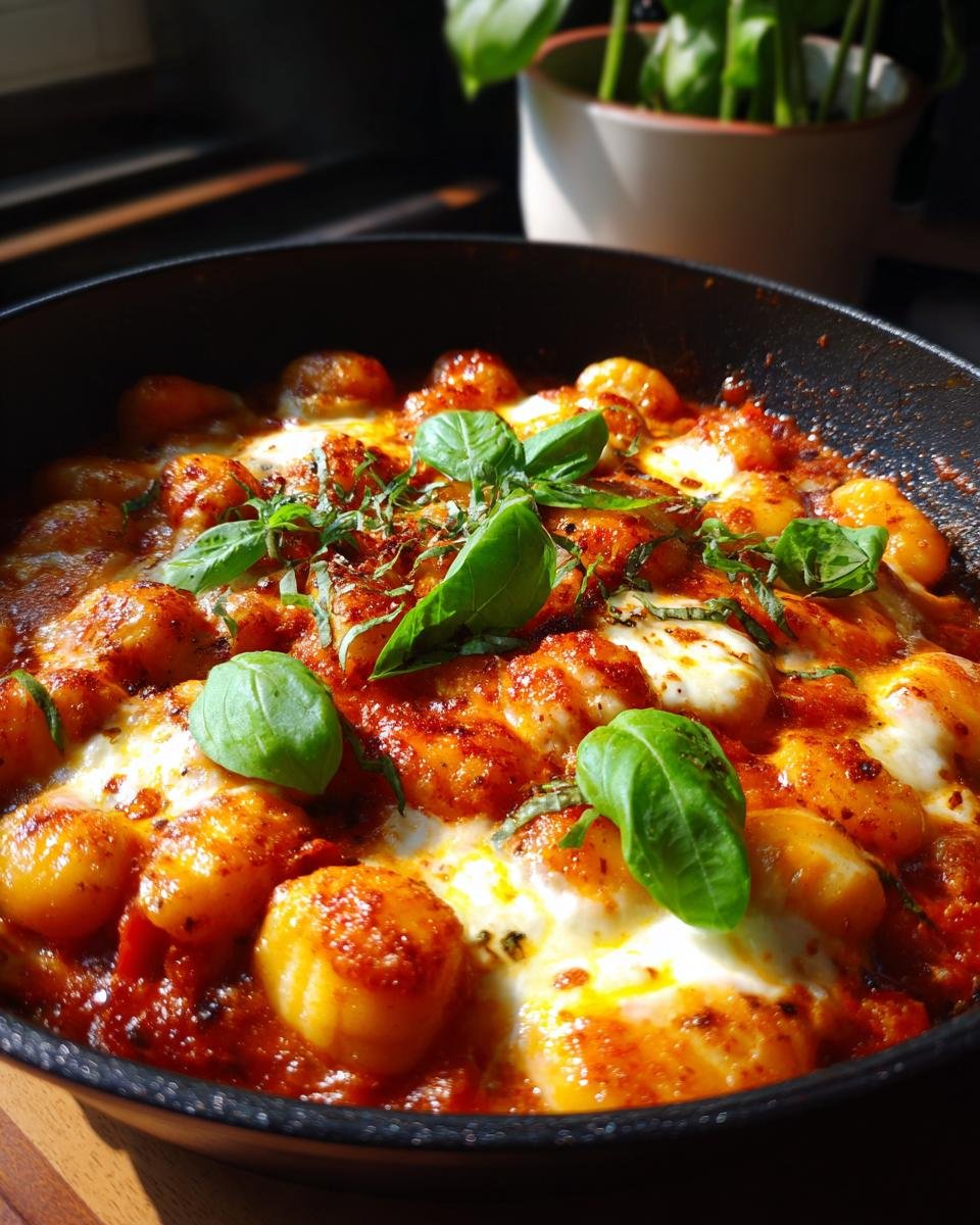 Close-up of Gnocchi Pfanne mit Tomate, Mozzarella und Basilikum in a pan, garnished with fresh basil.