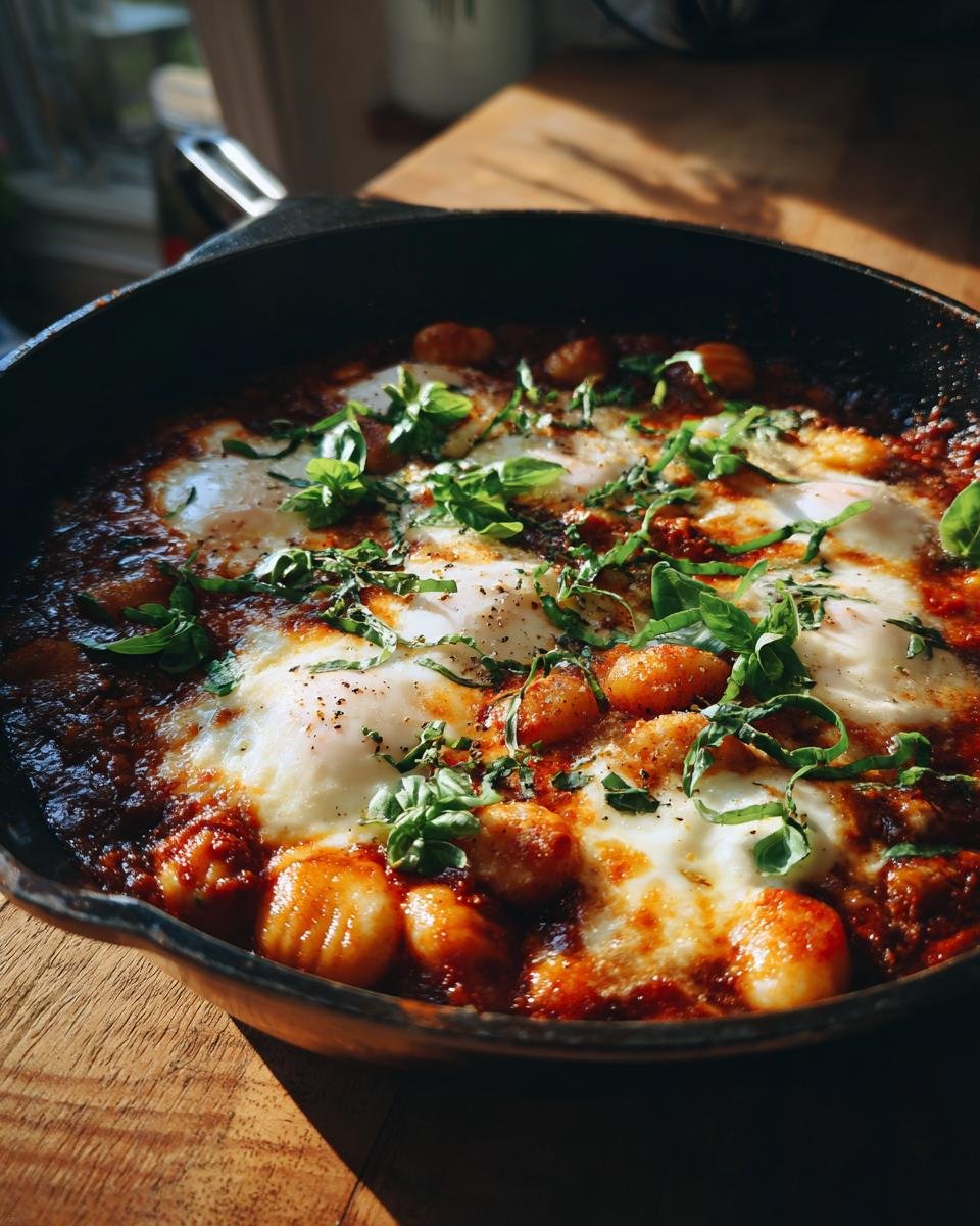 Close-up of Gnocchi Pfanne mit Tomate, Mozzarella in a cast iron pan, garnished with fresh basil.
