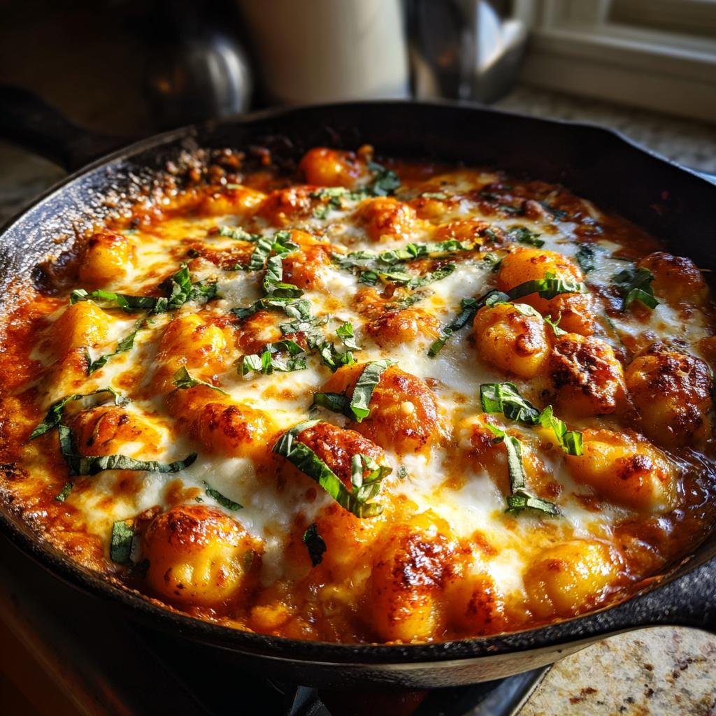 Close-up of Gnocchi Pfanne mit Tomate, Mozzarella in a skillet, topped with fresh basil.