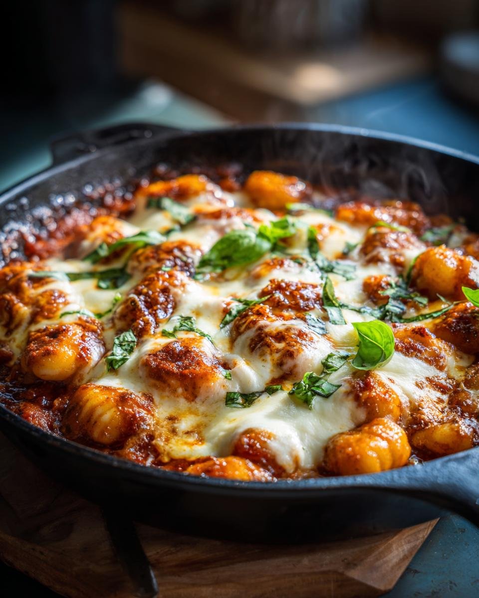 Close-up of Gnocchi Pfanne mit Tomate, Mozzarella, garnished with basil, steaming in a cast iron pan.