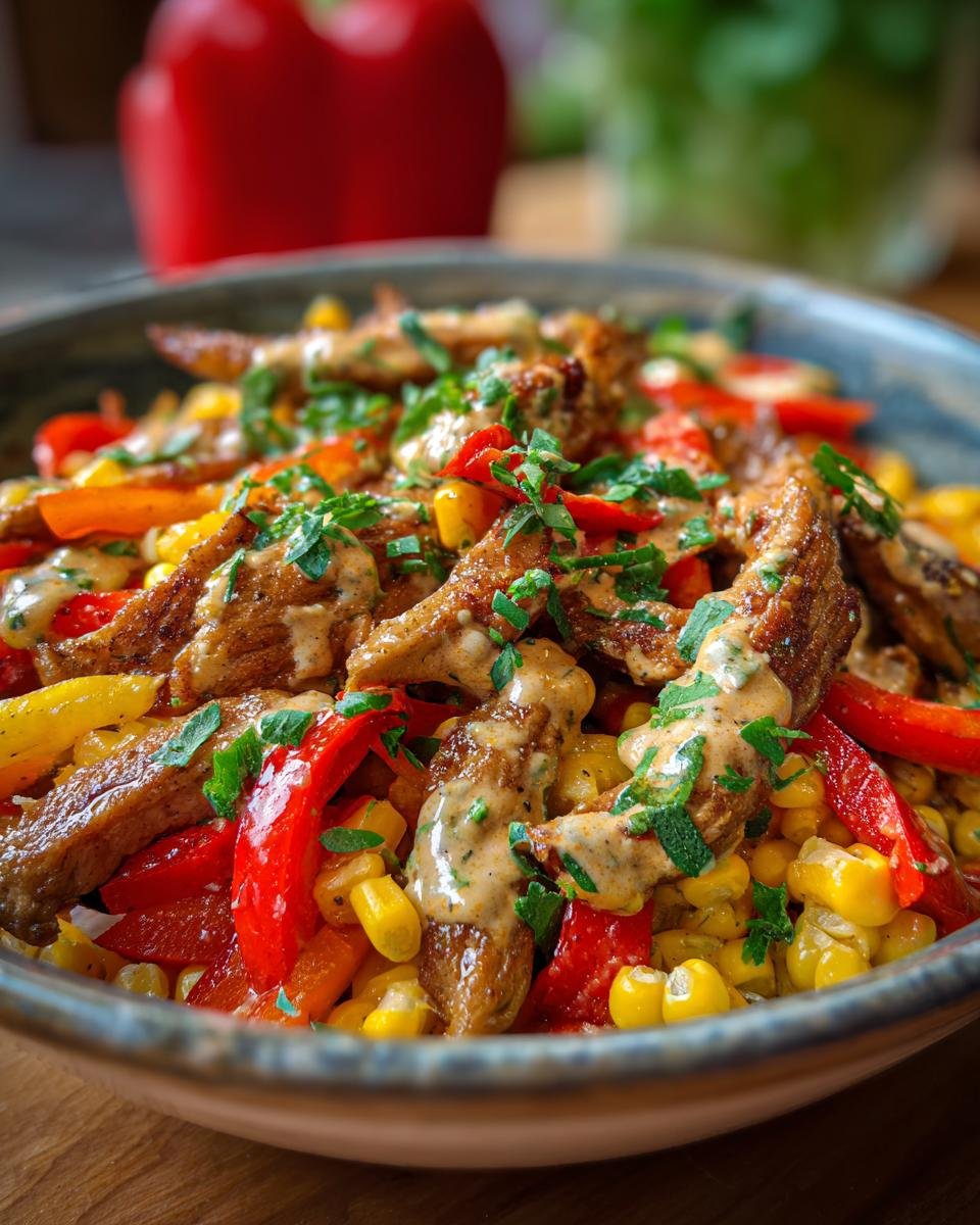 Close-up of Gyros-Pfanne mit Frischkäse, featuring gyros, corn, peppers, and a creamy sauce, garnished with parsley.