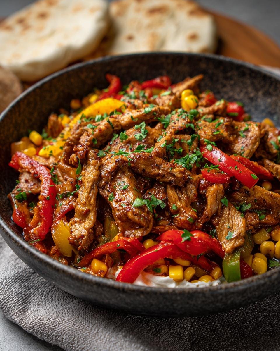 Close-up of Gyros-Pfanne mit Frischkäse – Sommerlich cremig in a bowl with peppers and corn.