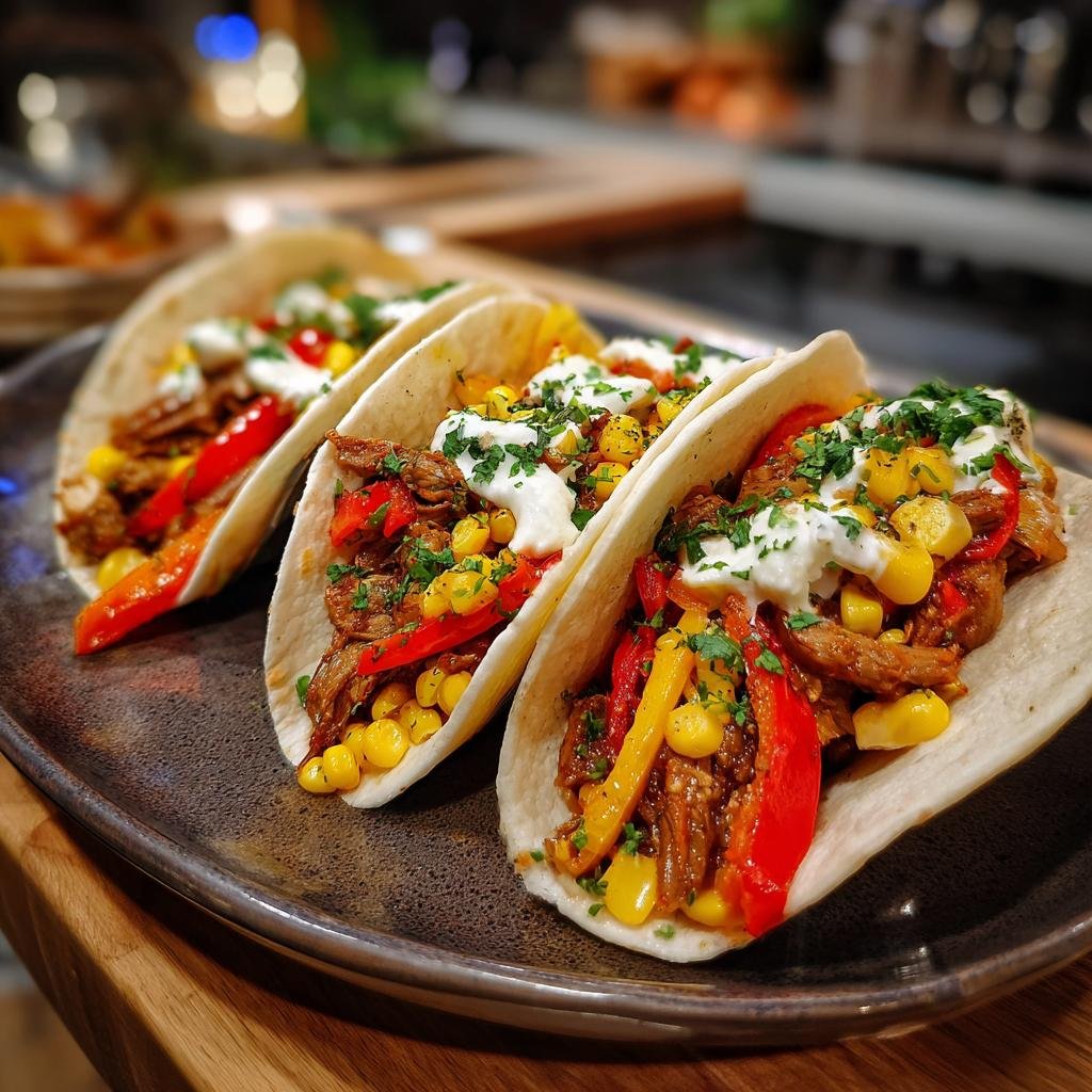 Three delicious tacos filled with Gyros-Pfanne mit Frischkäse, corn, peppers, and herbs.