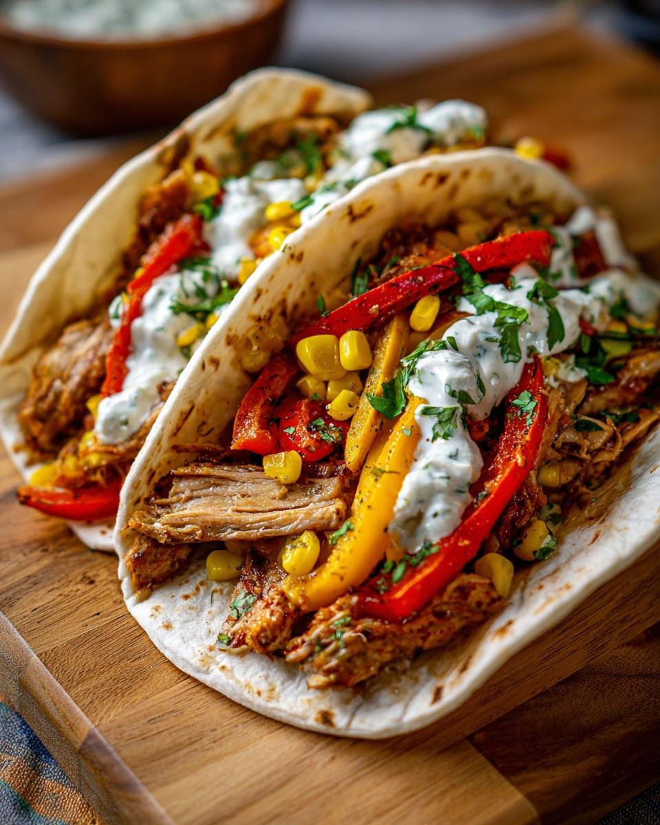Two tortillas filled with Gyros-Pfanne mit Frischkäse, peppers, corn, and herbs on a wooden board.