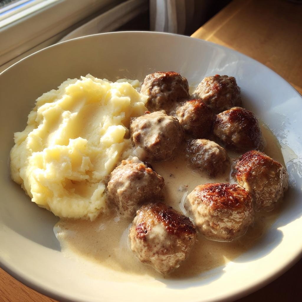 Delicious Hackbällchen in cremiger Sauce mit Kartoffelpüree served on a plate.