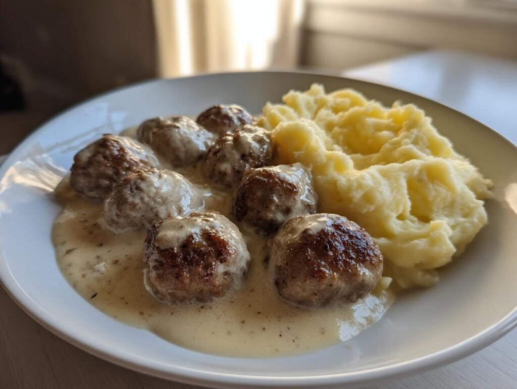 Delicious Hackbällchen in cremiger Sauce mit Kartoffelpüree on a white plate.