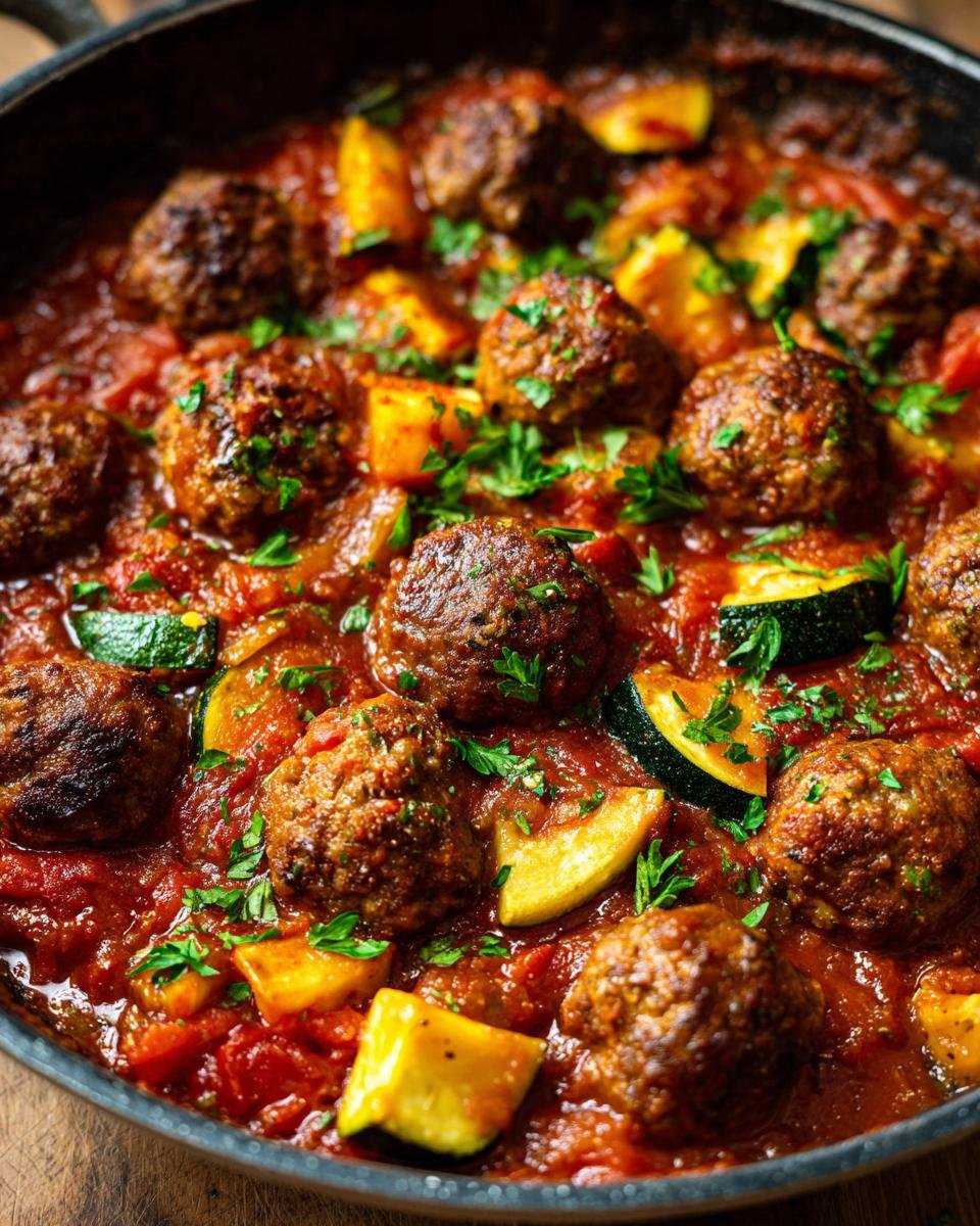 Close-up of Hackbällchen-Pfanne mit Zucchini und Tomaten, garnished with fresh parsley in a pan.