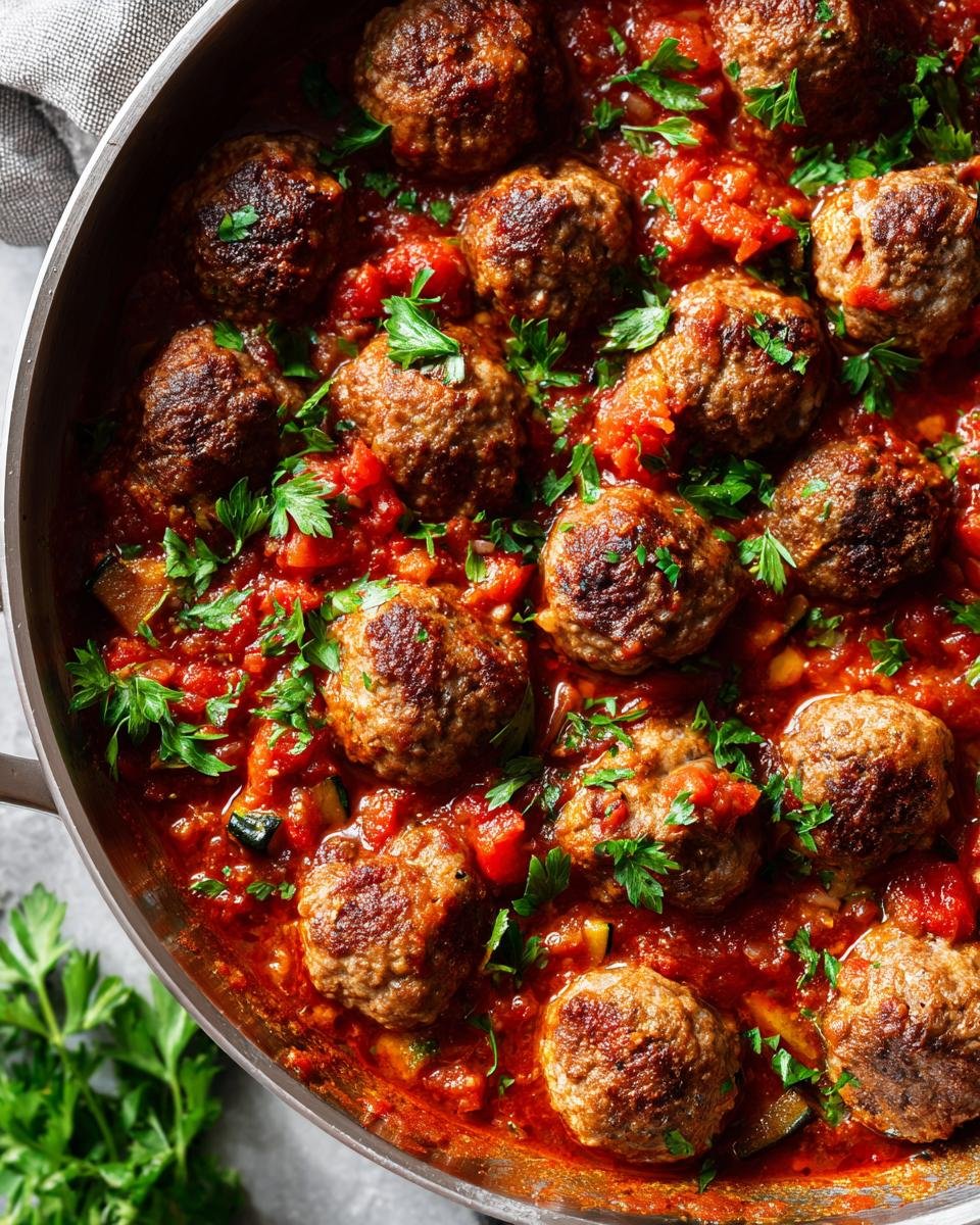 Close-up of Hackbällchen-Pfanne mit Zucchini und Tomaten, garnished with parsley.