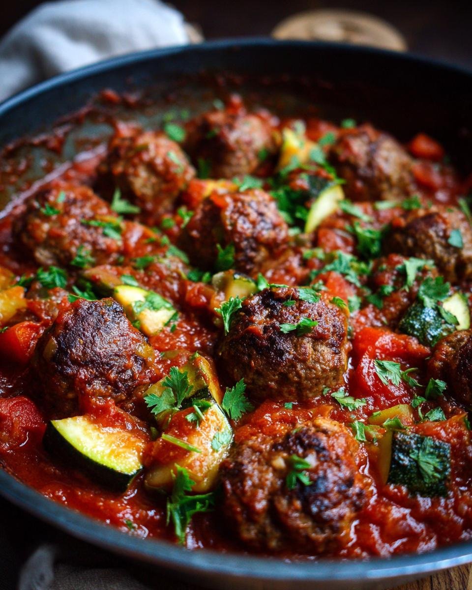 Close-up of Hackbällchen-Pfanne mit Zucchini und Tomaten, garnished with parsley.