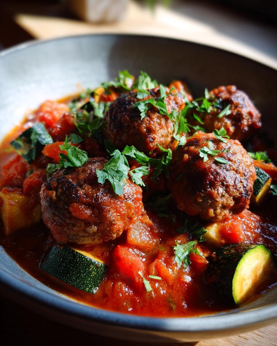 Close-up of Hackbällchen-Pfanne mit Zucchini und Tomaten, garnished with fresh parsley.