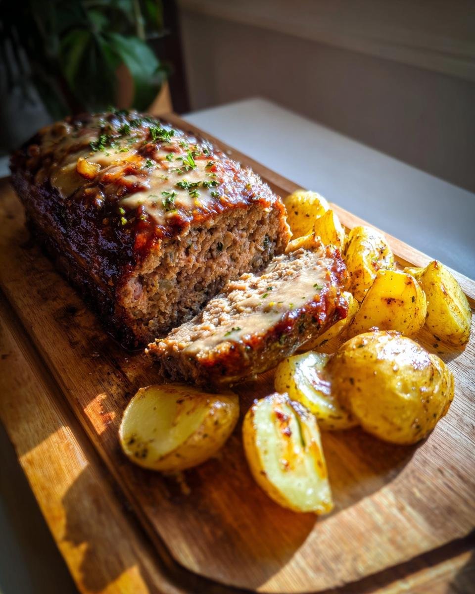 A delicious Hackbraten mit Kartoffeln in Sahne, served with roasted potatoes on a wooden board.