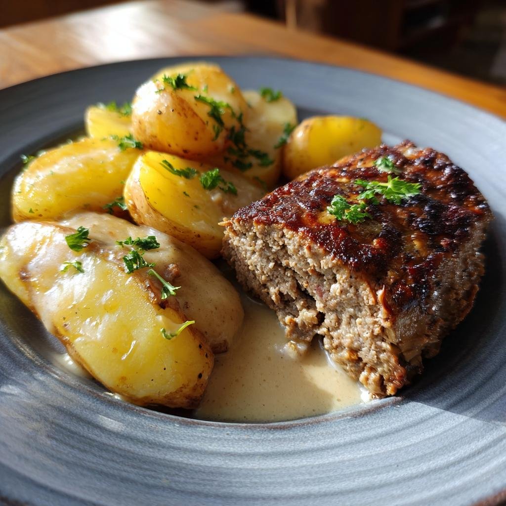 Close-up of Hackbraten mit Kartoffeln in Sahne, featuring a slice of meatloaf with potatoes and creamy sauce.